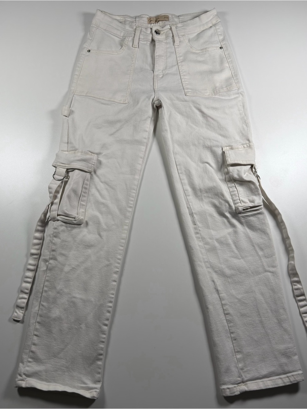 Jen Glam Straight-Leg White Cargo Jeans with Side Straps